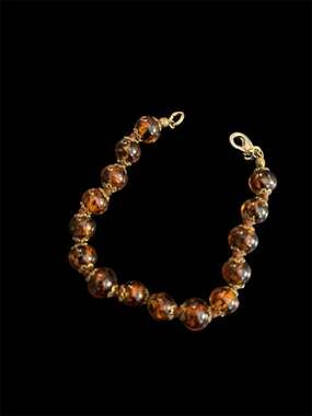 Vintage Tortoise Shell Style Art Glass Bead Bracelet with Gold-Tone Filigree Acc